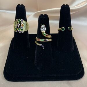 3 PC Set - NEW Pretty Bird Real Yellow Gold Plated Adjustable Green Stone Rings